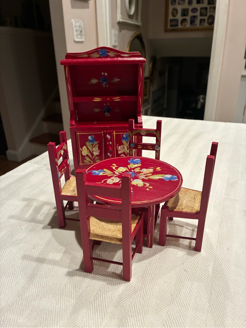 Vintage Dora Kuhn miniature wooden dollhouse hutch with table and chairs